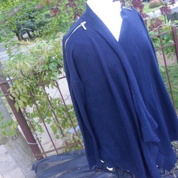 Michael Kors Draped Cardigan navy blue zipper shoulder waterfall sweater LG - Picture 8 of 9